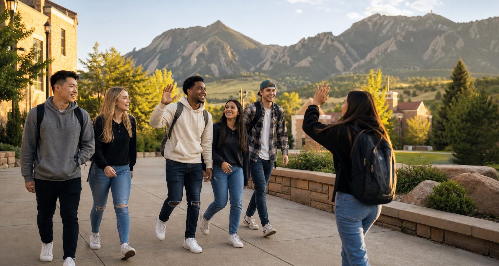 Happy college students greeting friends on a mountain campus