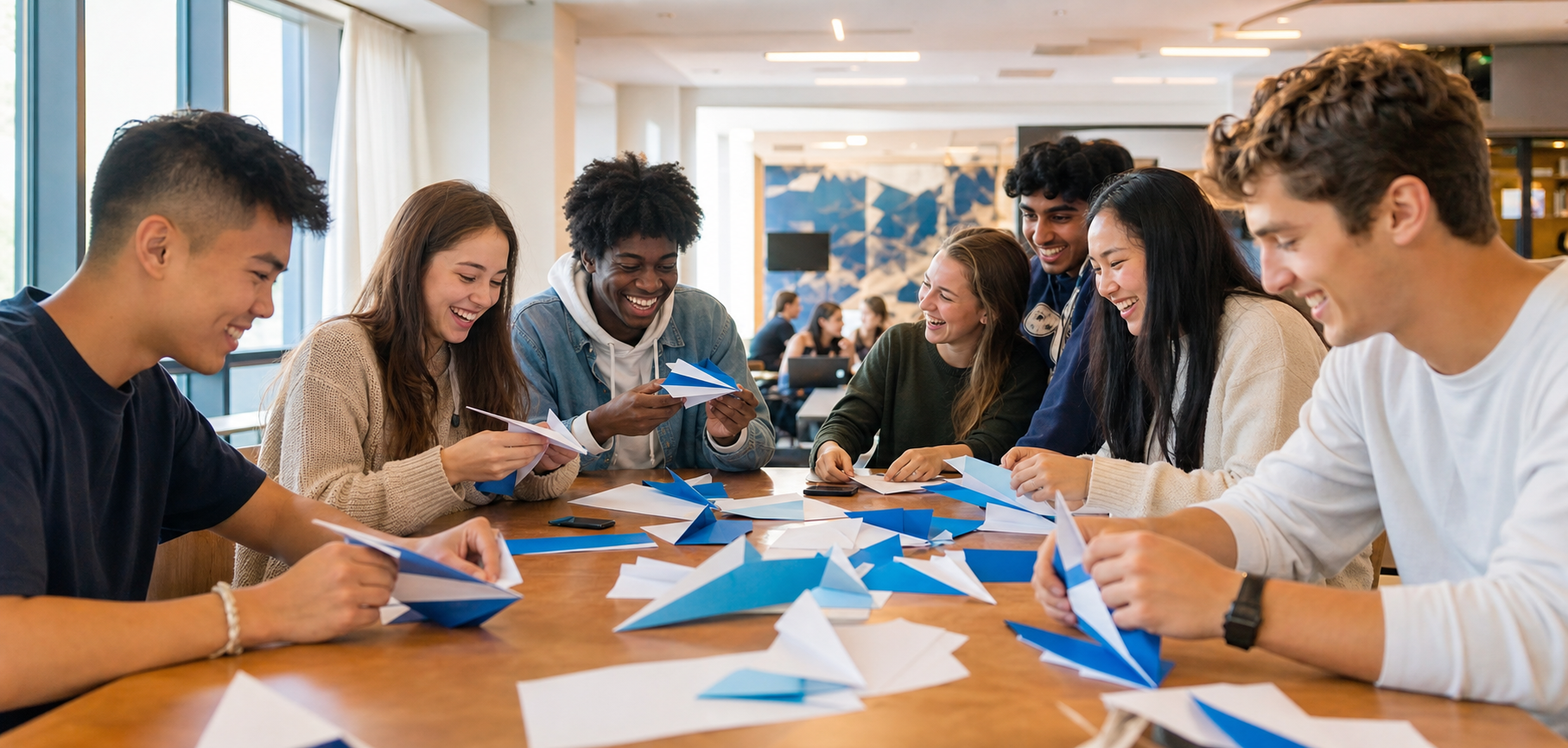 Happy college students laughing while folding blue-and-white paper airplanes at a casual gathering